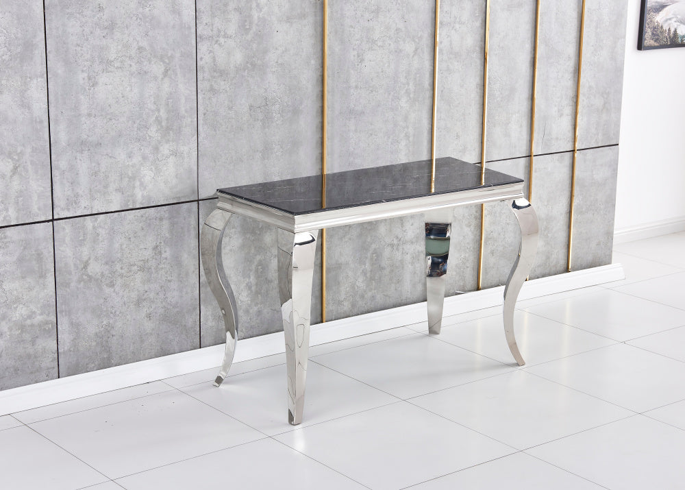 Console BAROQUE Chrome plateau en verre 110x50x85 cm #couleur_marbré-noir