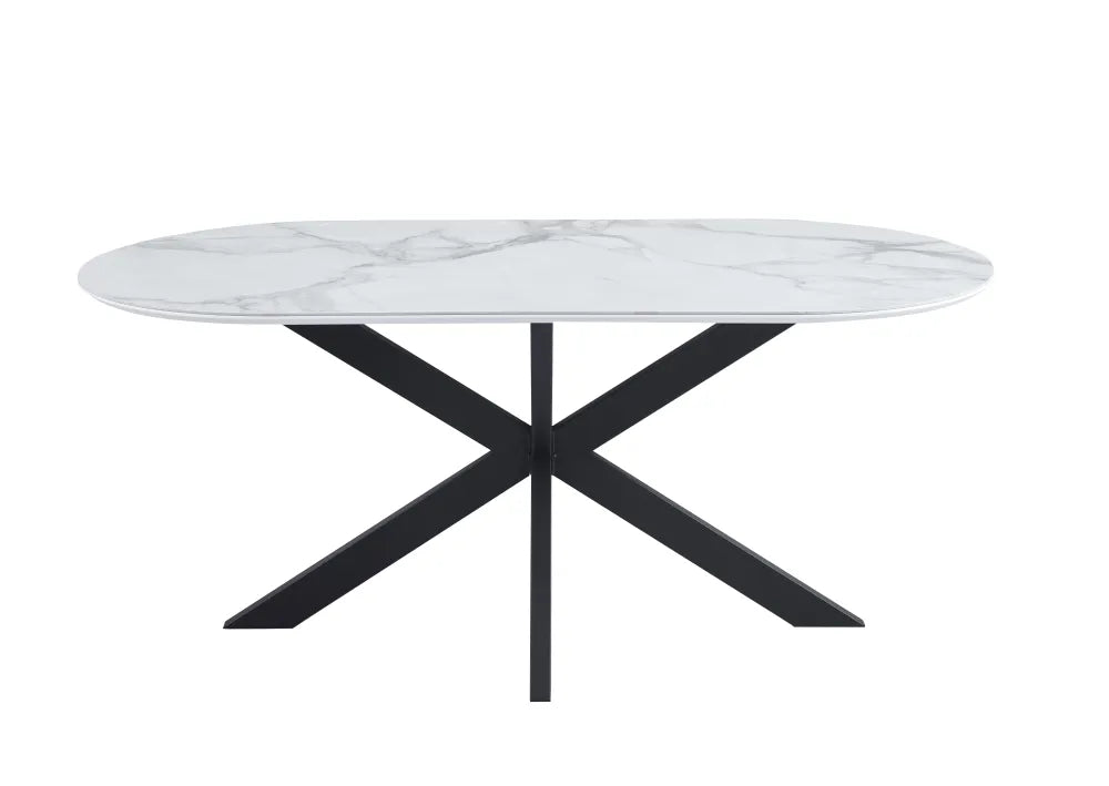 Table de repas MANON PIED NOIR PLATEAU CERAMIQUE MARBRE BLANC 180x90cm