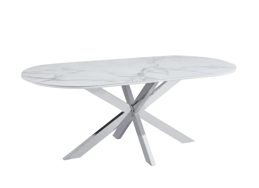 Table de repas MANON PIED CHROME PLATEAU CERAMIQUE MARBRE BLANC 200x100cm