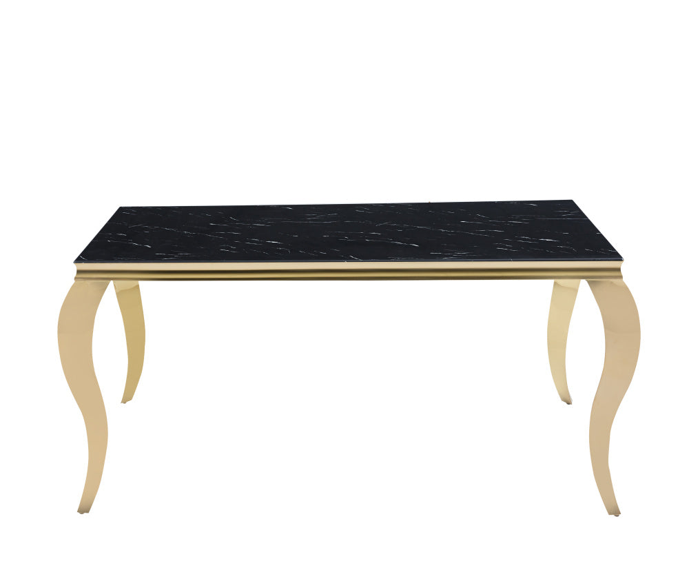 Table à manger BAROQUE 4 à 6 couverts pieds gold plateau en verre 150x90 cm #couleur_marbré-noir