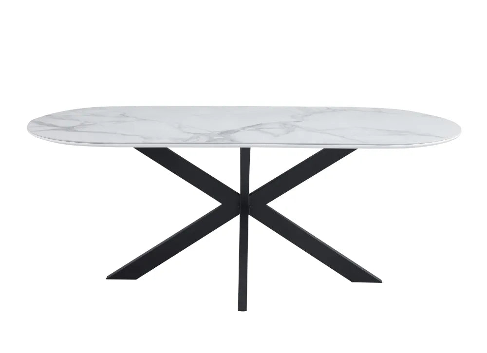 Table de repas MANON PIED NOIR PLATEAU CERAMIQUE MARBRE BLANC 200x100cm