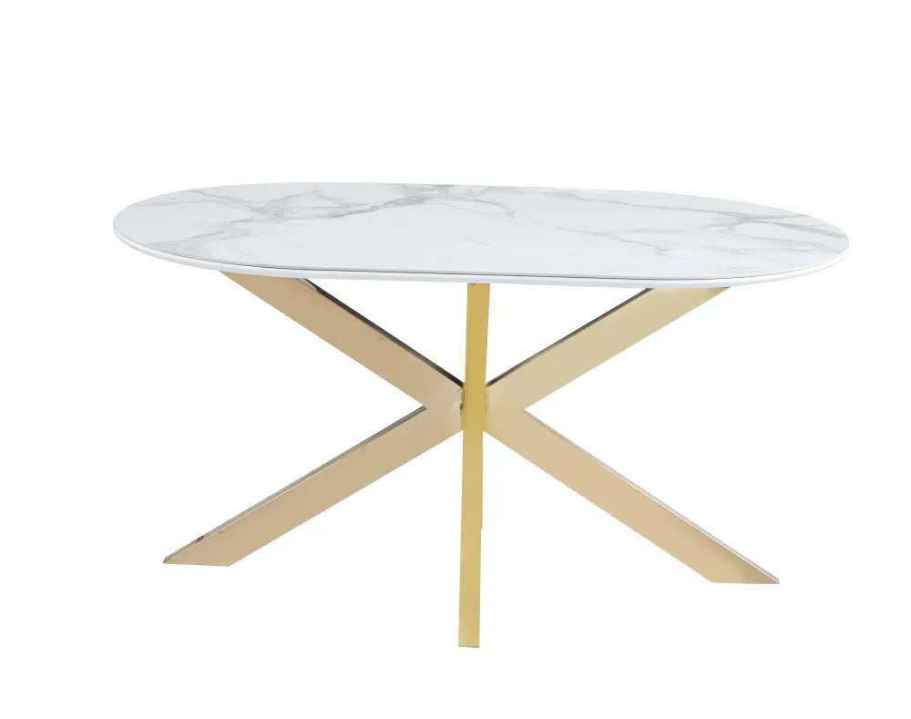 Table repas MANON PIED GOLD PLATEAU CERAMIQUE MARBRE BLANC 150x90cm