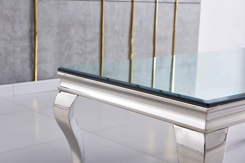 Table à manger BAROQUE 6 à 8 couverts pieds chrome plateau en verre 180x90 cm #couleur_miroir
