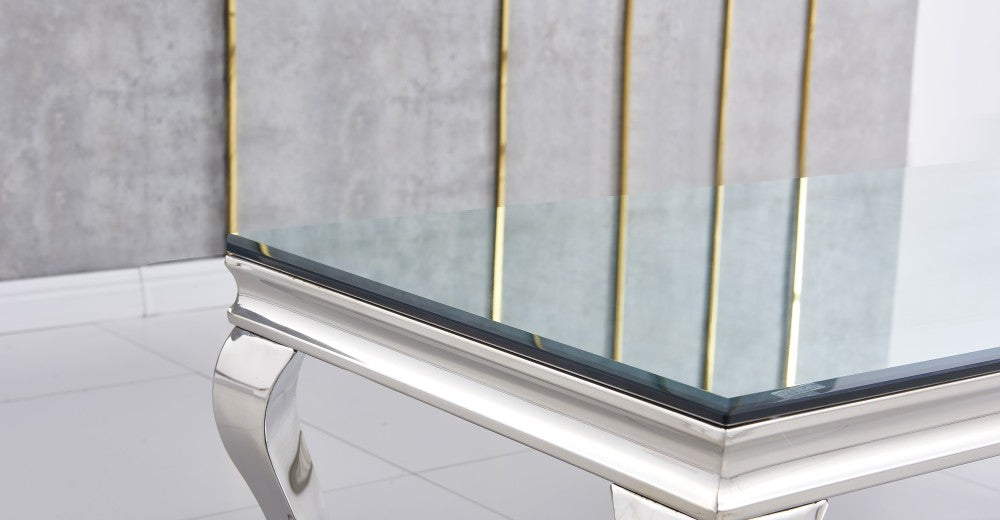 Table à manger BAROQUE 6 à 8 couverts pieds chrome plateau en verre 180x90 cm #couleur_miroir