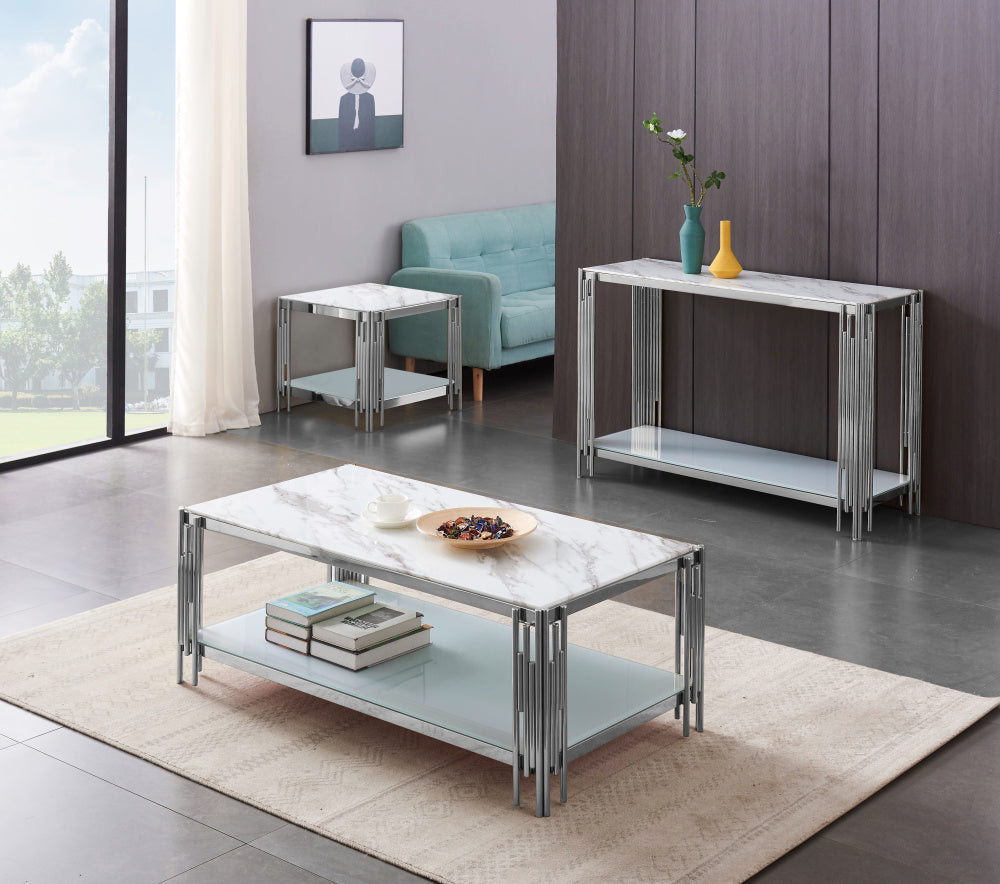 Console FLUTE Chrome plateau verre 120x40x78 cm #couleur_marbré-blanc