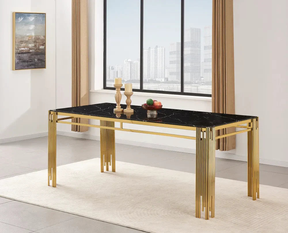 Table à manger FLUTE Gold Plateau en verre #couleur_marbré-noir