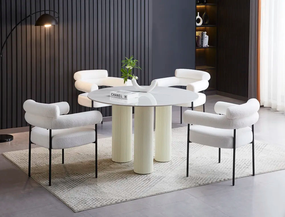 Table repas ANAIS PIED BEIGE PLATEAU CERAMIQUE MARBRE BLANC 120cm