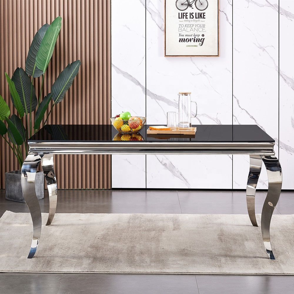 Table à manger BAROQUE 6 à 8 couverts pieds chrome plateau en verre 180x90 cm #couleur_noir