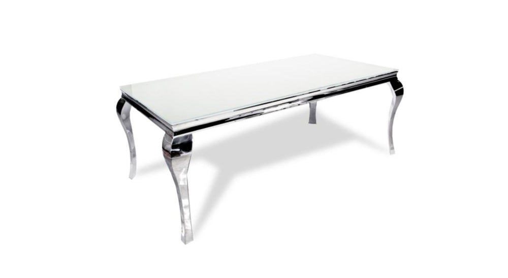 Table à manger BAROQUE 6 à 8 couverts pieds chrome plateau en verre 180x90 cm #couleur_blanc