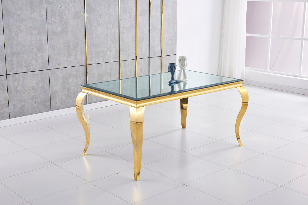Table à manger BAROQUE 4 à 6 couverts pieds gold plateau en verre 150x90 cm #couleur_miroir