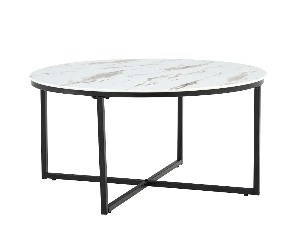 Table basse LORIE pied métal NOIR plateau marbre BLANC 90cm