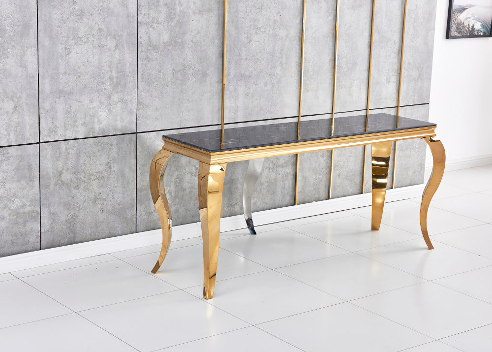 Console BAROQUE Gold plateau en verre 110x50x85 cm #couleur_marbré-noir