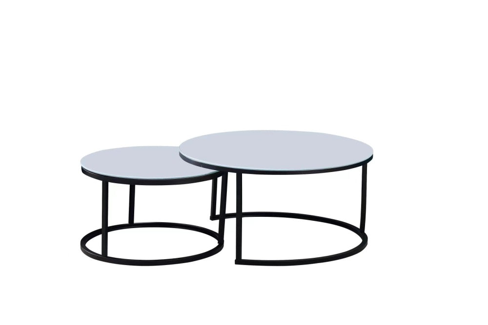 Lot de 2 tables Basses Gigogne ARTO métal noir et plateau en verre #couleur_blanc