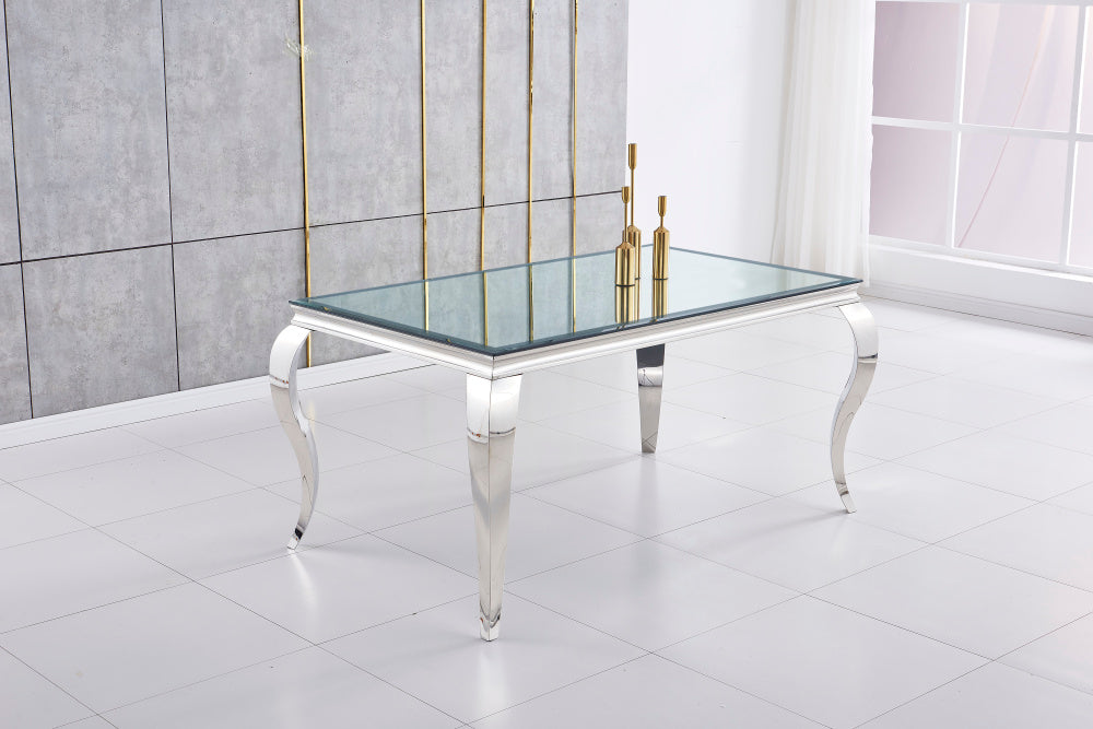 Table à manger BAROQUE 4 à 6 couverts pieds chrome plateau en verre 150x90 cm #couleur_miroir