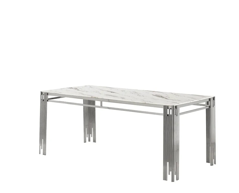 Table à manger XXL FLUTE Chrome Plateau en verre Marbré 180 cm #couleur_marbré-blanc