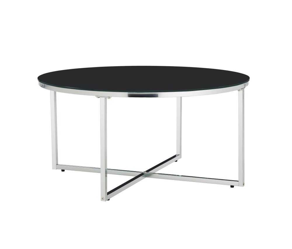 Table basse ronde LORIE chrome plateau en verre D90 cm #couleur_marbré-noir
