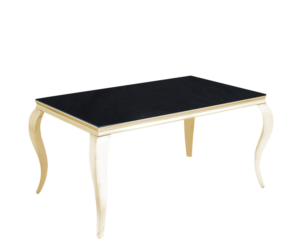 Table à manger BAROQUE 4 à 6 couverts pieds gold plateau en verre 150x90 cm #couleur_noir