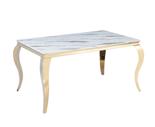 Table à manger BAROQUE 4 à 6 couverts pieds gold plateau en verre 150x90 cm #couleur_marbré-blanc