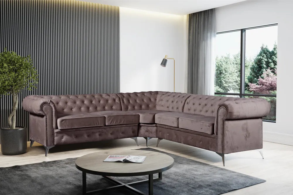 Canapé d'angle clouté TIFFANY velours MOKA 263x263cm