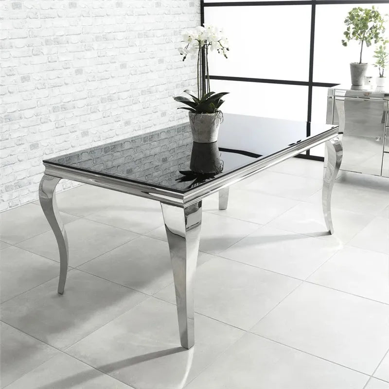 Table à manger BAROQUE 4 à 6 couverts pieds chrome plateau en verre 150x90 cm #couleur_noir