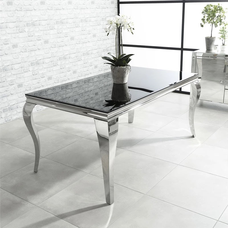 Table à manger BAROQUE 6 à 8 couverts pieds chrome plateau en verre 180x90 cm #couleur_noir