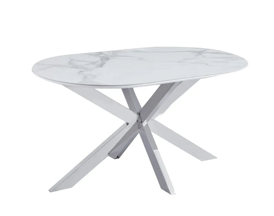 Table de repas MANON PIED CHROME PLATEAU CERAMIQUE MARBRE BLANC 150x90cm