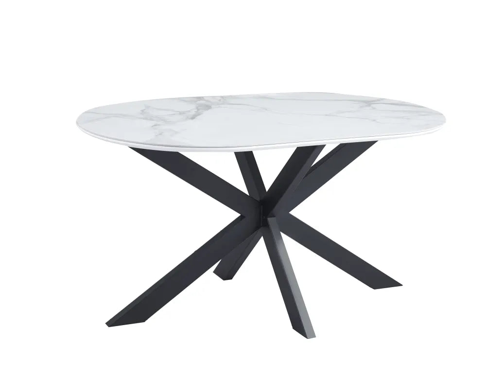 Table de repas MANON PIED NOIR PLATEAU CERAMIQUE MARBRE BLANC 150x90cm