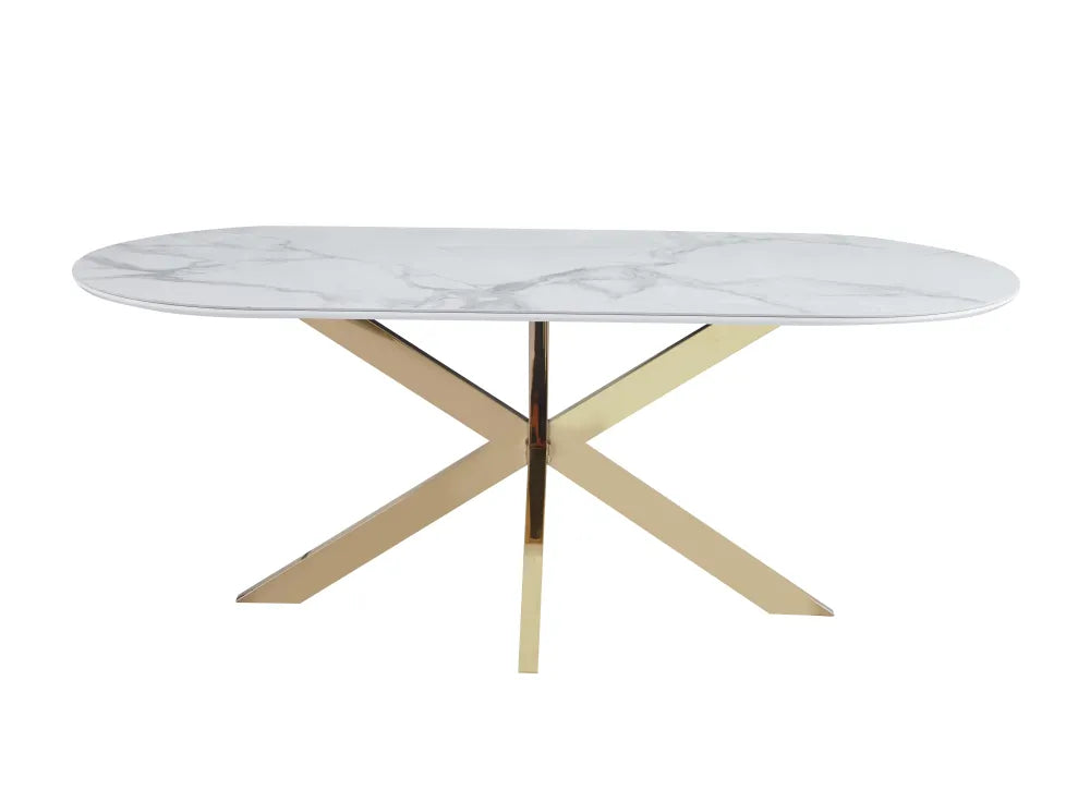 Table repas MANON PIED GOLD PLATEAU CERAMIQUE MARBRE BLANC 200x100cm