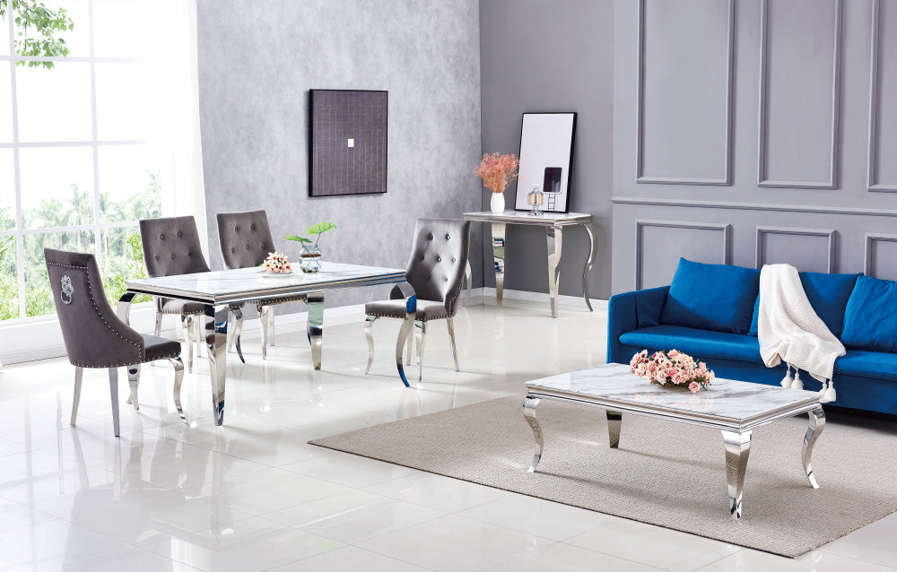Table à manger BAROQUE 6 à 8 couverts pieds chrome plateau en verre 180x90 cm #couleur_marbré-blanc
