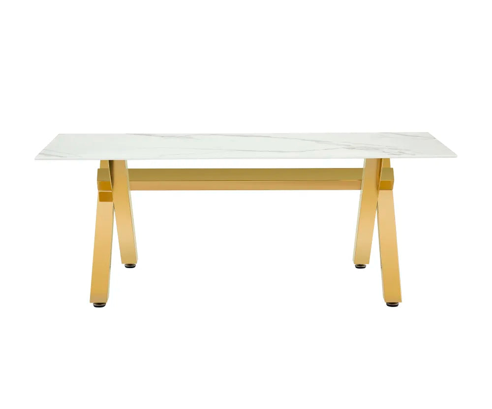 Table de repas IXE métal gold marbre blanc 180x90x75cm