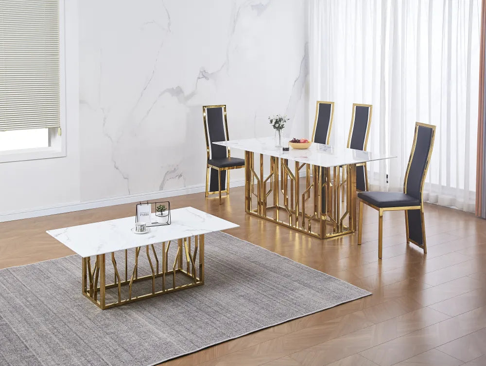 Table de repas PORTOFINO  pied GOLD  marbre BLANC 180x90cm