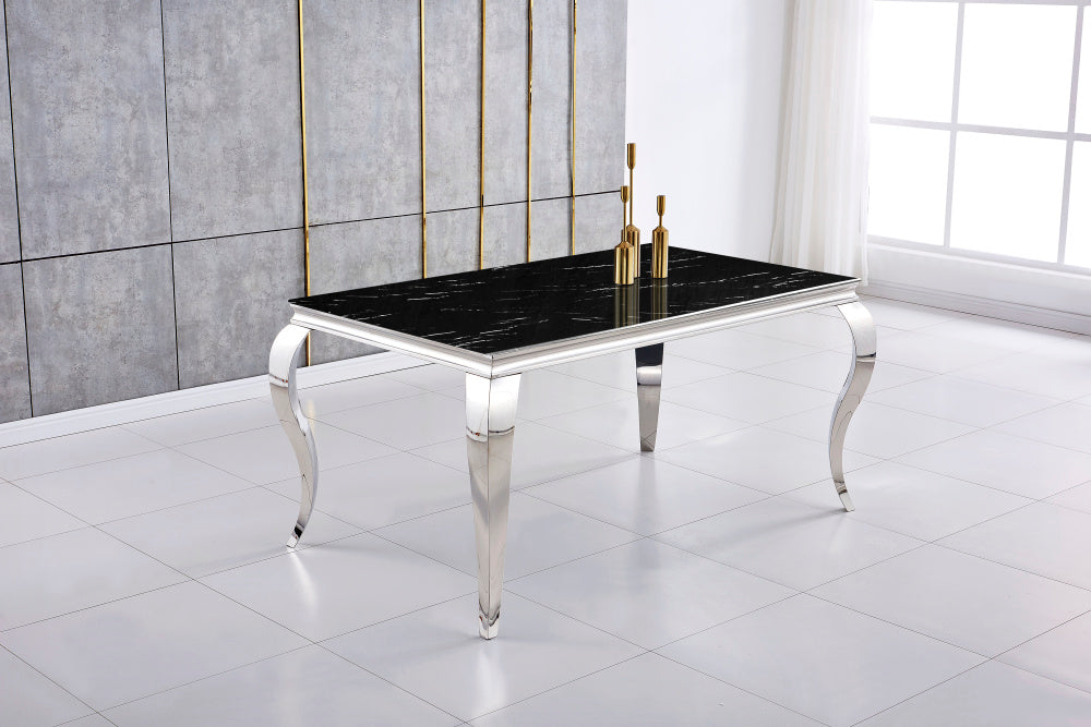 Table à manger BAROQUE 4 à 6 couverts pieds chrome plateau en verre 150x90 cm #couleur_marbré-noir