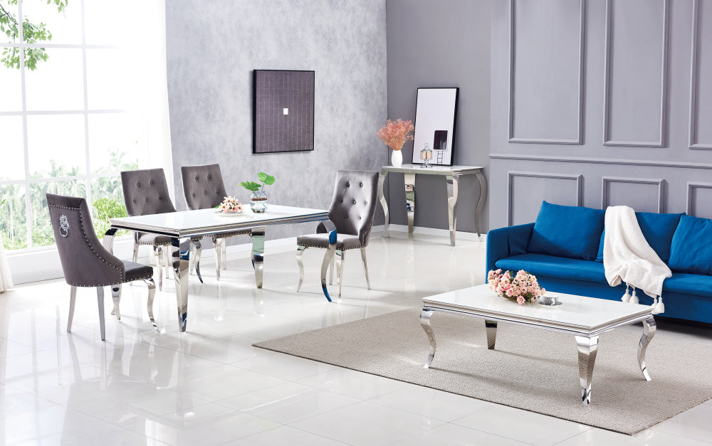 Table à manger BAROQUE 6 à 8 couverts pieds chrome plateau en verre 180x90 cm #couleur_blanc