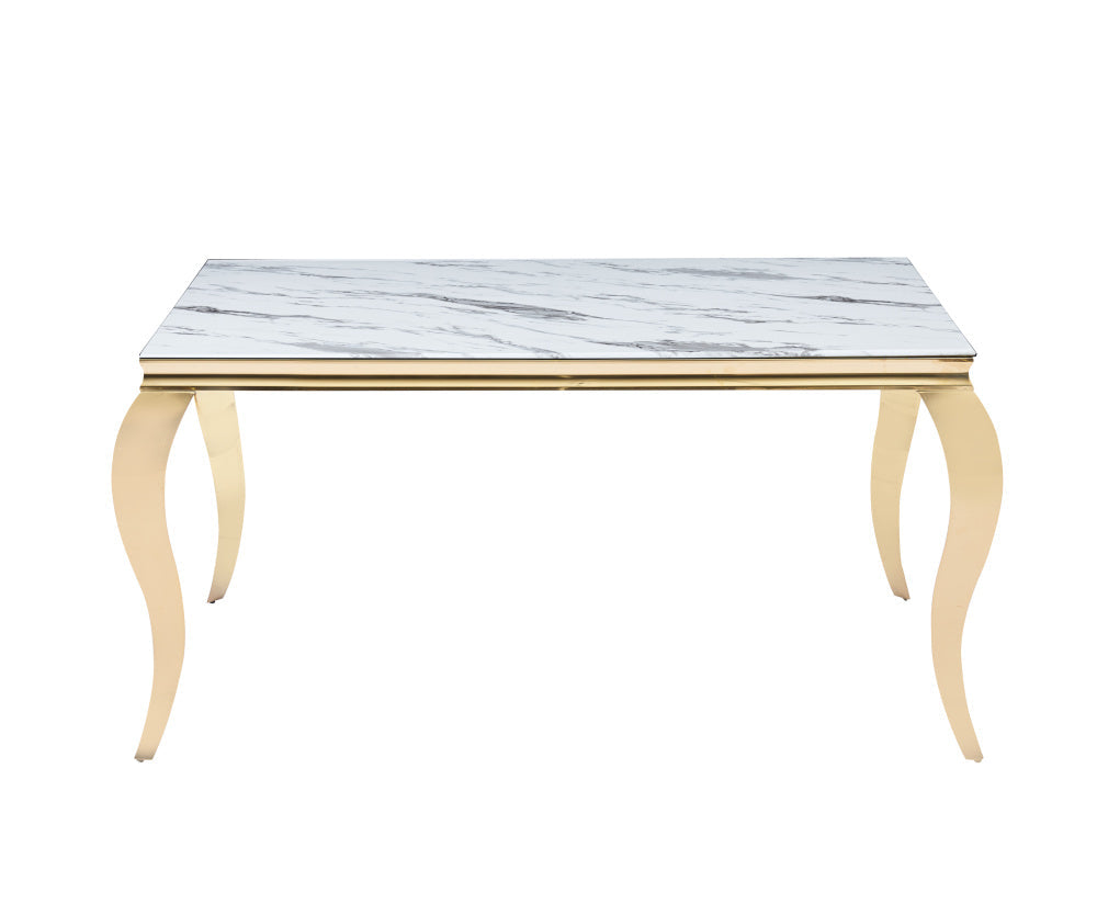 Table à manger BAROQUE 4 à 6 couverts pieds gold plateau en verre 150x90 cm #couleur_marbré-blanc