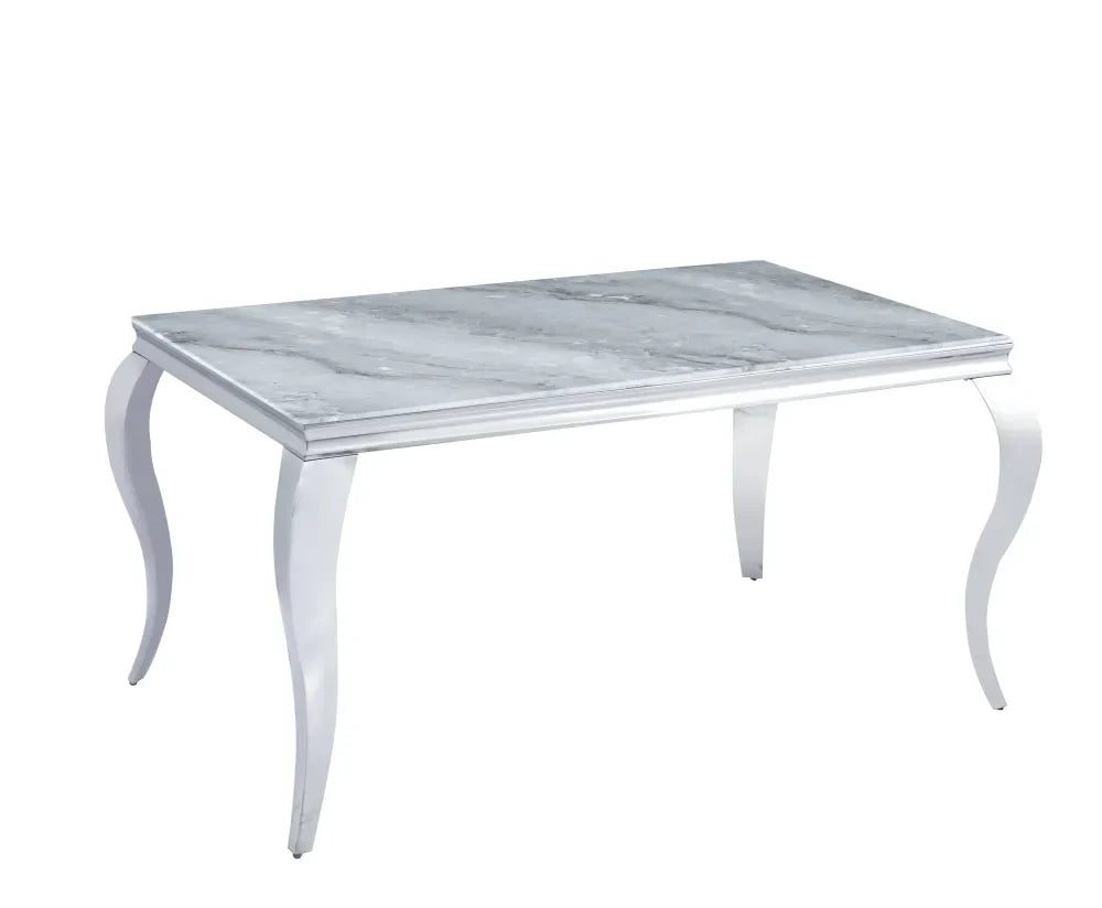 Table à manger BAROQUE 4 à 6 couverts pieds chrome plateau en verre 150x90 cm #couleur_marbré-greige