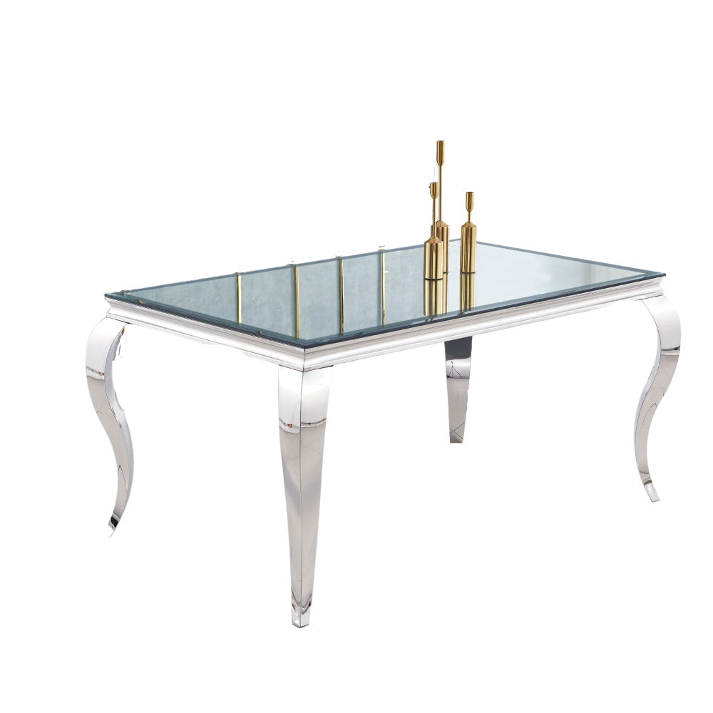 Table à manger BAROQUE 4 à 6 couverts pieds chrome plateau en verre 150x90 cm #couleur_miroir