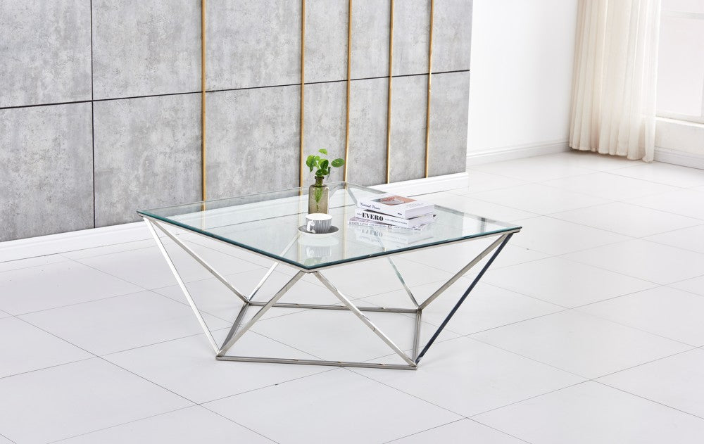 Table Basse ALINA Chrome plateau en verre trempé 80x80x45 cm #couleur_transparent