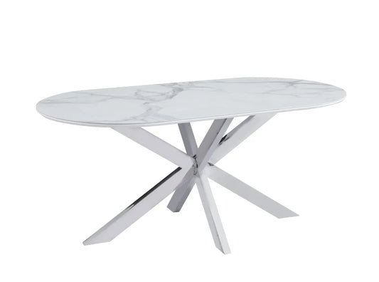 Table de repas MANON PIED CHROME PLATEAU CERAMIQUE MARBRE BLANC 180x90cm