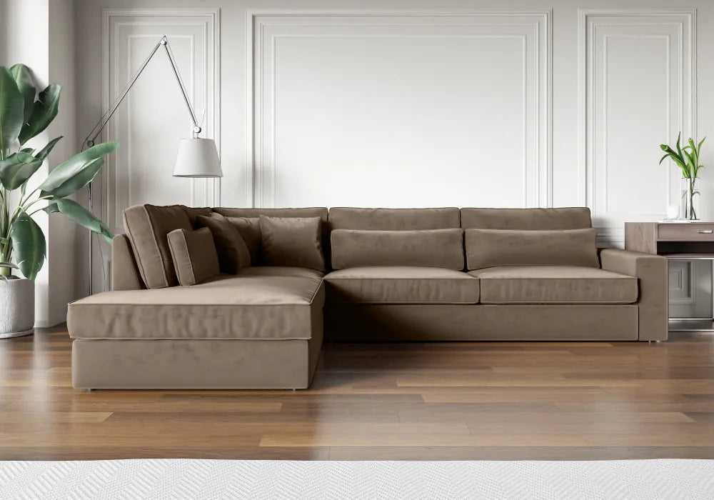 Canapé le BRISTOLA  angle gauche velours taupe 315x230cm