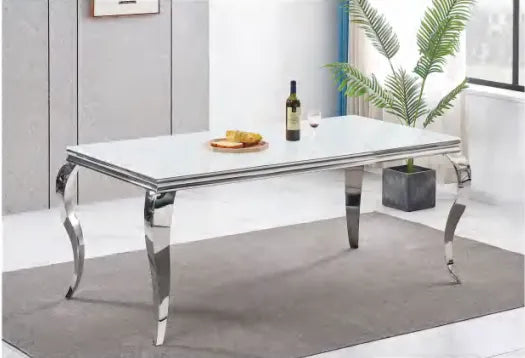 Table à manger BAROQUE 4 à 6 couverts pieds chrome plateau en verre 150x90 cm #couleur_blanc