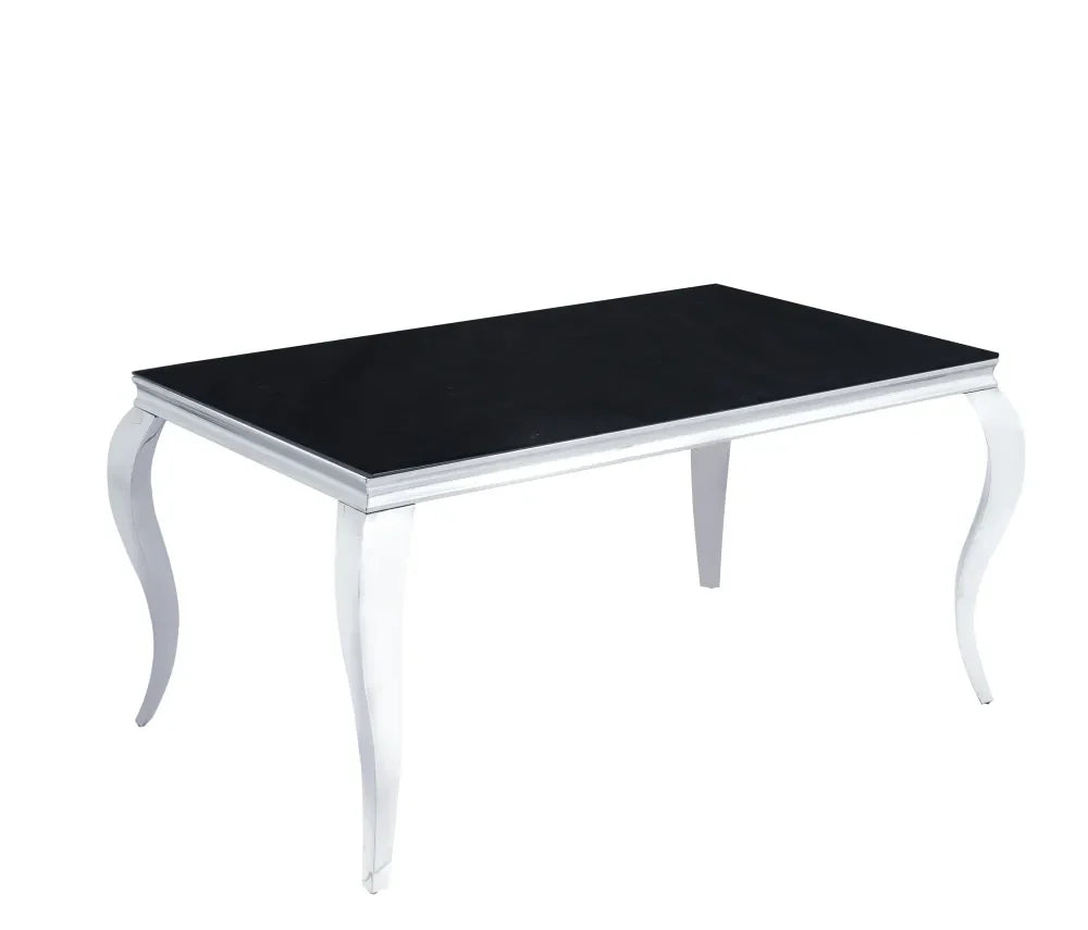 Table à manger BAROQUE 4 à 6 couverts pieds chrome plateau en verre 150x90 cm #couleur_noir