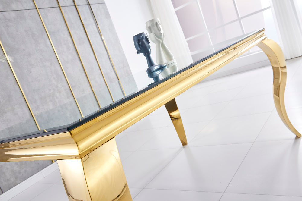 Table à manger BAROQUE 6 à 8 couverts pieds gold plateau en verre 180x90 cm #couleur_miroir