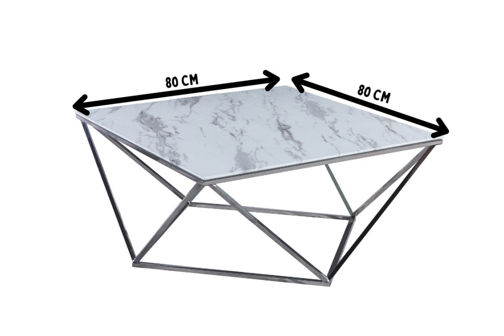 Table Basse ALINA Chrome plateau en verre trempé 80x80x45 cm #couleur_marbré-blanc