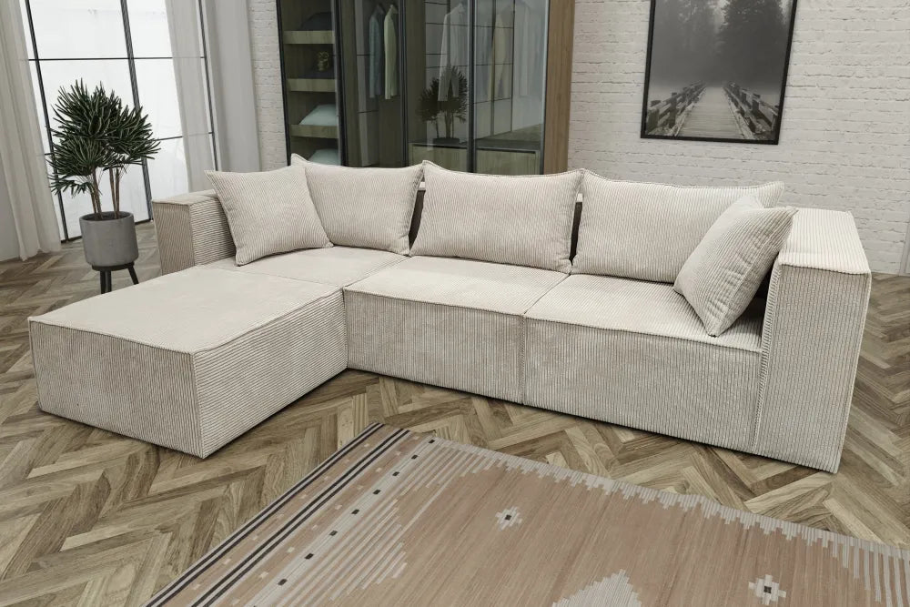 Canapé MODULO 3+1 velours côtelé écru angles universel 305x192cm