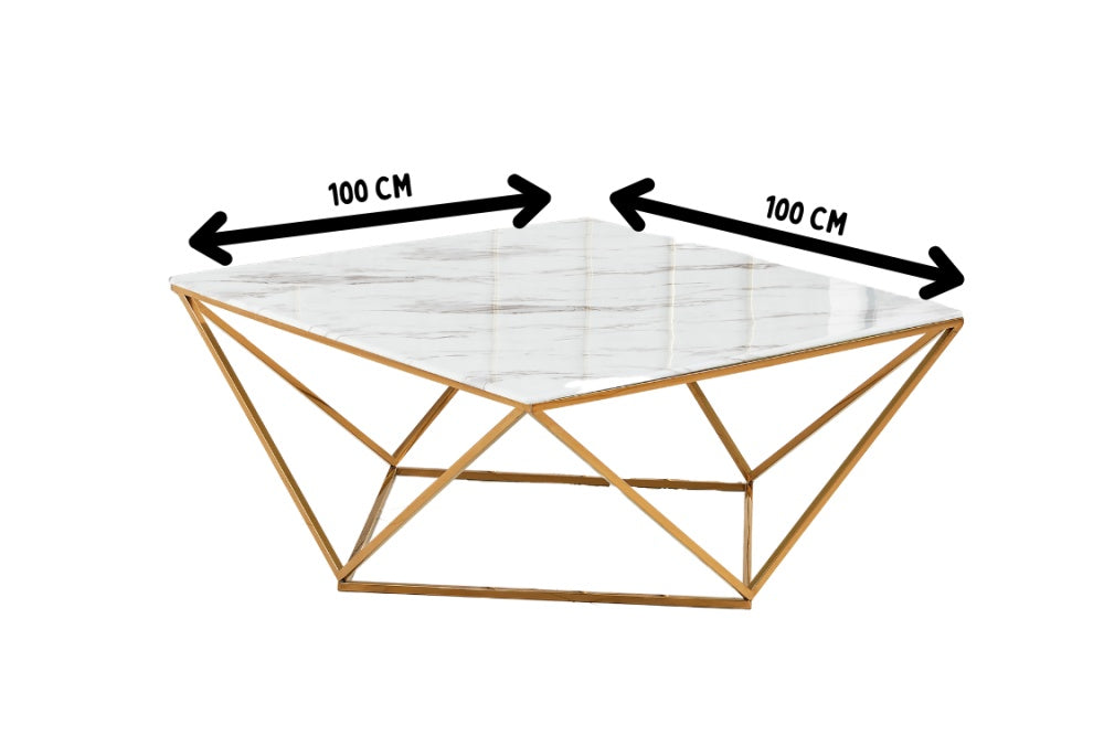 Table Basse carrée ALINA Gold XXL verre 100x100x45 cm #couleur_marbré-blanc