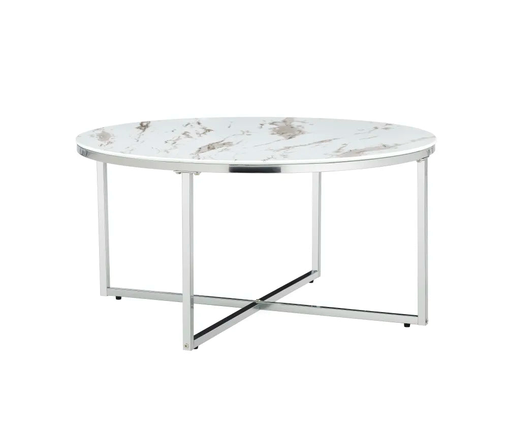 Table basse ronde LORIE chrome plateau en verre D90 cm #couleur_marbré-blanc