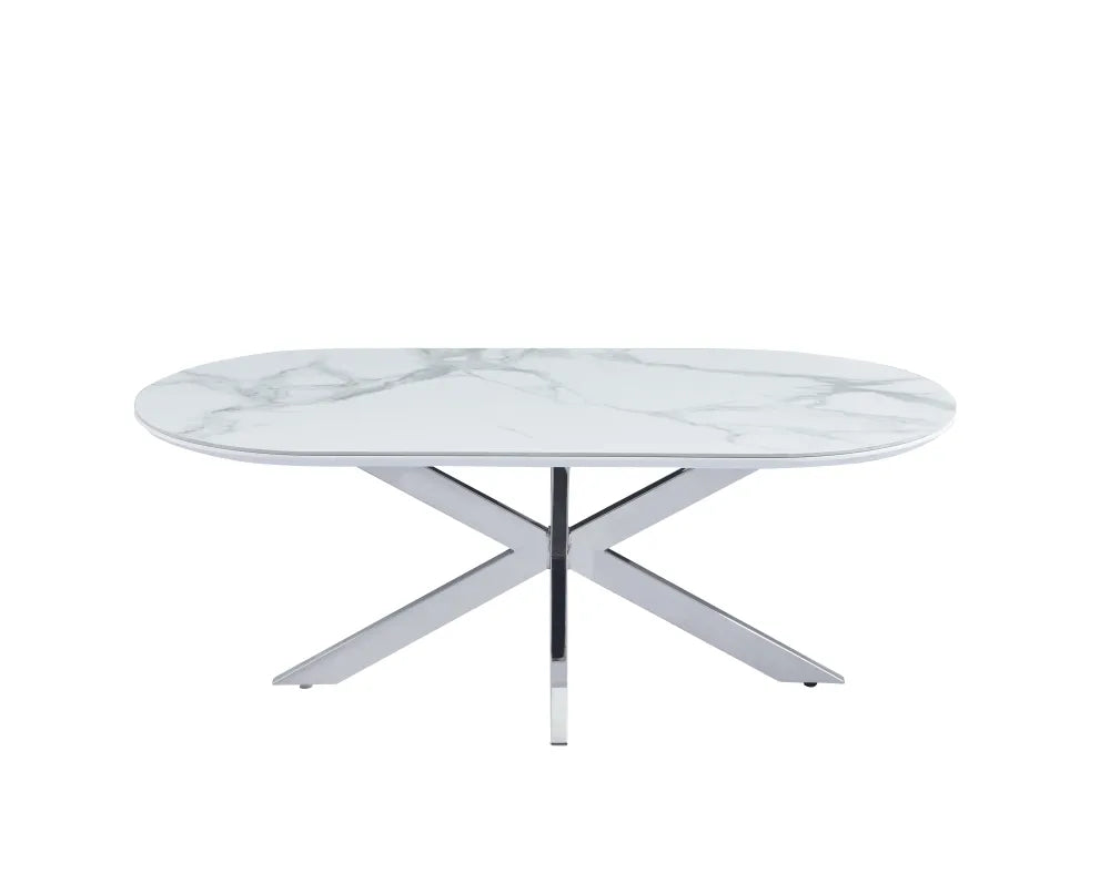 Table basse MANON PIED CHROME PLATEAU CERAMIQUE MABRE BLANC 120x60cm