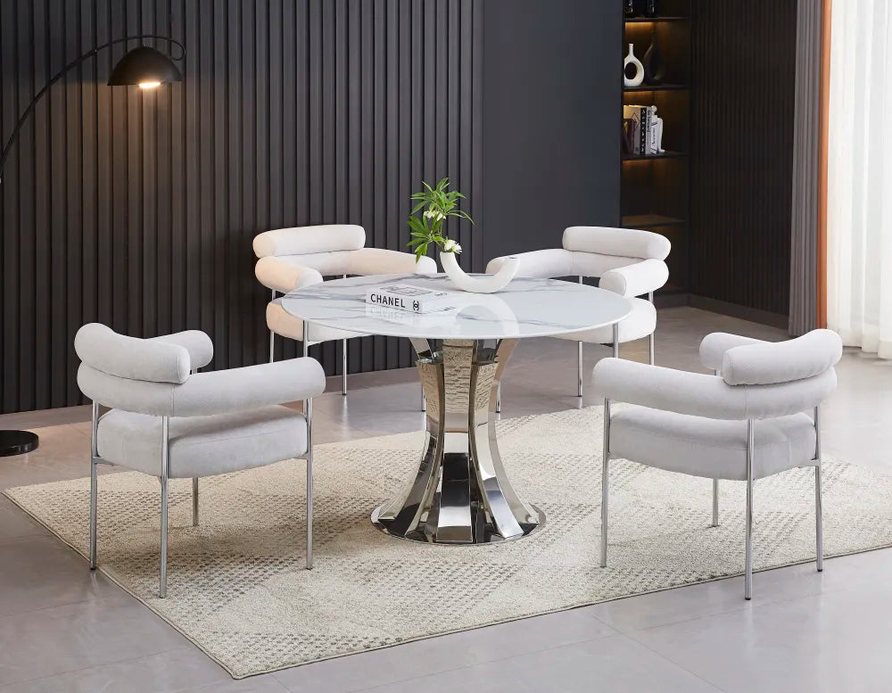 Table à manger JUDITH RONDE CHROME PLATEAU CERAMIQUE MARBRE BLANC 120cm