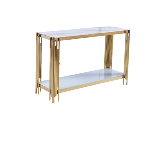 Console FLUTE Gold plateau en verre 120x40x78 cm #couleur_marbré-blanc