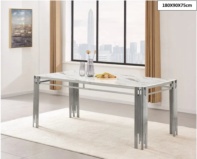 Table à manger XXL FLUTE Chrome Plateau en verre Marbré 180 cm #couleur_marbré-blanc